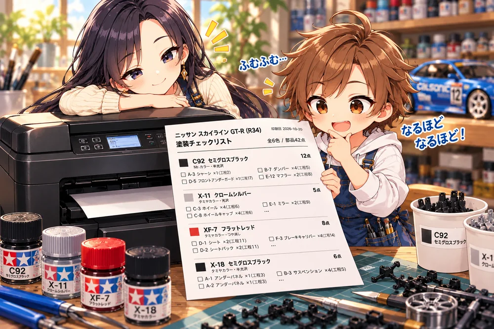 印刷した塗装チェックリストを、茶髪の子が「なるほどなるほど」と読んでいるイラスト。色ごとに部品番号とチェック欄が並んでいる。