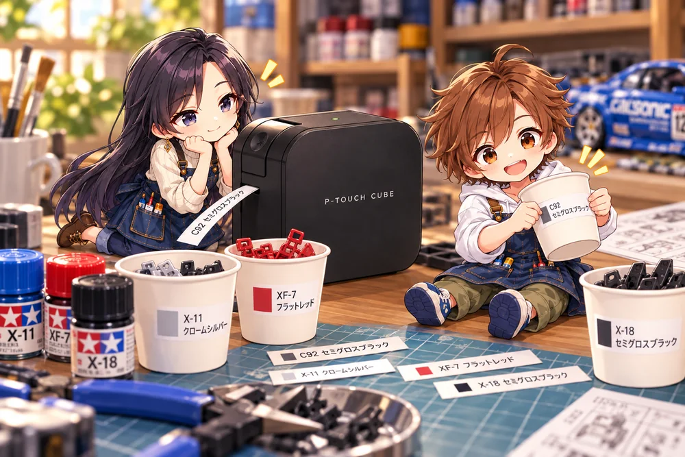 ラベルプリンターから出てきた「C92 セミグロスブラック」のラベルと、色ラベルを貼った紙コップに仕分けたパーツのイラスト。