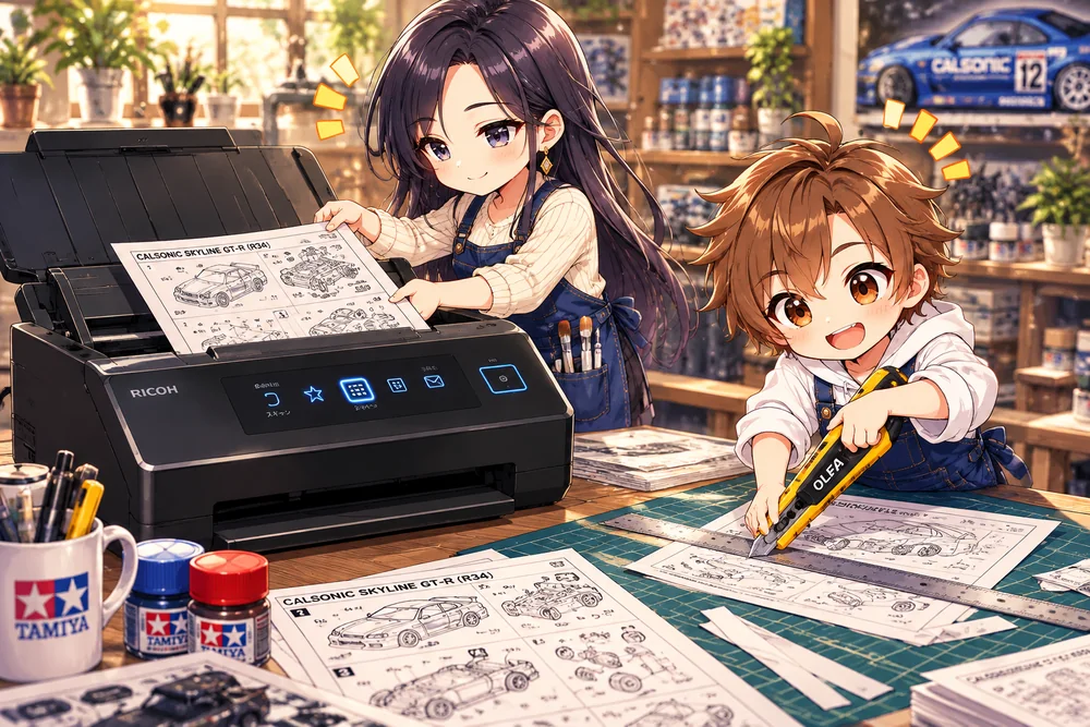 黒髪の女性がページスキャナーで組立図を読み取り、茶髪の子が定規とカッターで組立図をA4に切りそろえているイラスト。